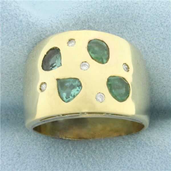 Tsavorite and Diamond Wide Band Ring in 18k Yellow Gold