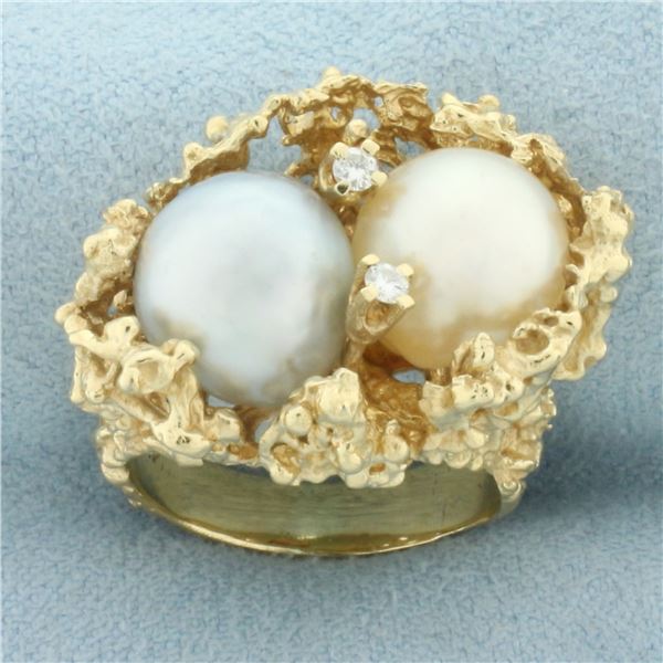 South Sea Pearl, Tahitian Pearl, and Diamond Nest Ring in 14k Yellow Gold