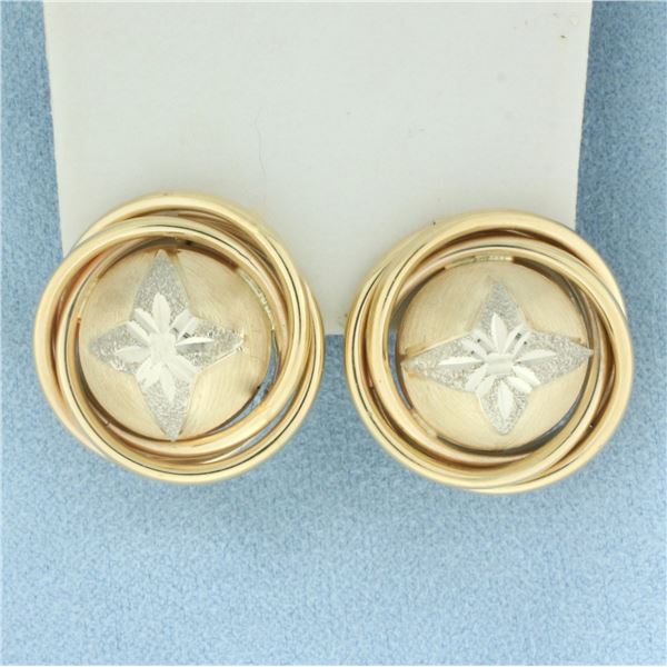 Diamond Cut Star Button Earrings in 14k Yellow and White Gold