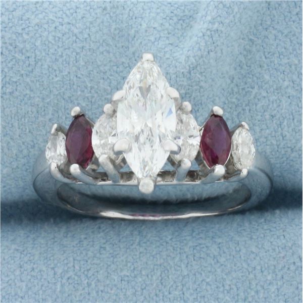 Marquise Diamond and Ruby Engagement Ring in 14k White Gold