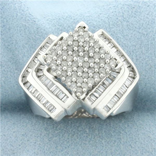 Round and Baguette Diamond Statement Ring in 14k White Gold