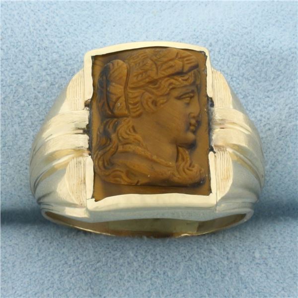 Mens Vintage Carved Tiger's Eye Cameo Ring in 14k Yellow Gold