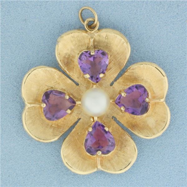 Heart Amethyst and Pearl Four Leaf Clover Pendant or Charmin 14k Yellow gold