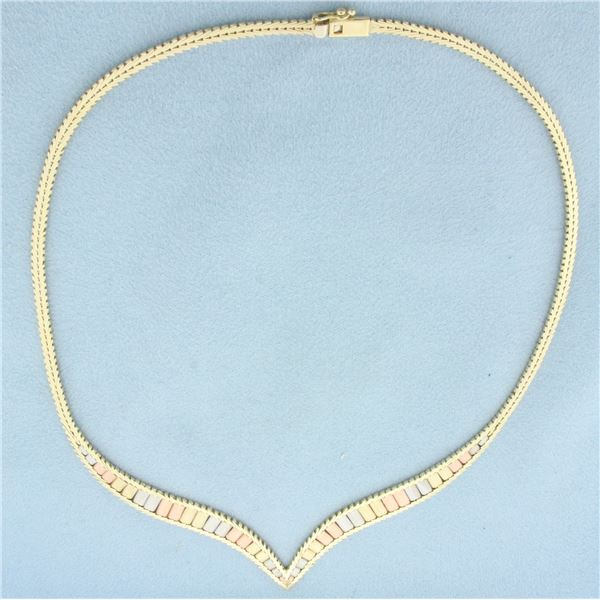 16 Inch Italian Tri-Color Gold V Choker Necklace in 14k Yellow, White, and Rose Gold