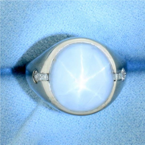 Mens Natural Star Sapphire and Diamond Ring in 18k White Gold