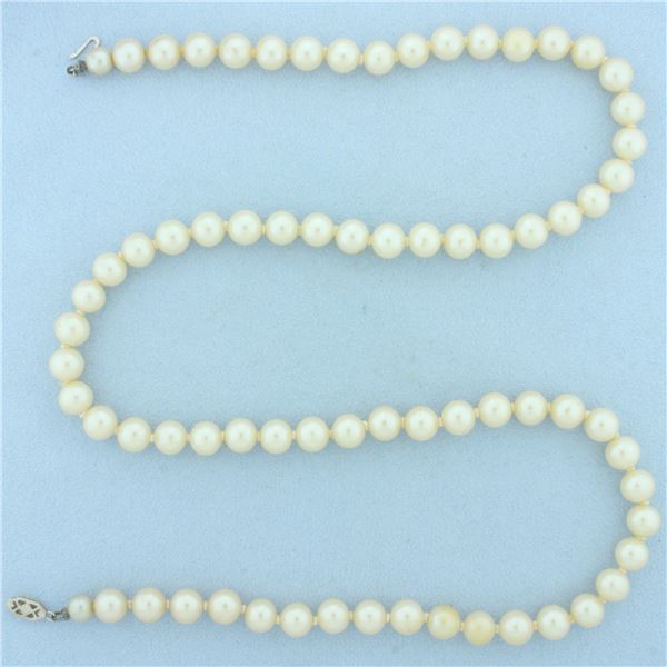 Vintage Akoya Pearl Strand Necklace With 10k White Gold Filigree Clasp