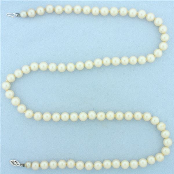 Vintage Akoya Pearl Strand Necklace in 14k White Gold Filigree Clasp