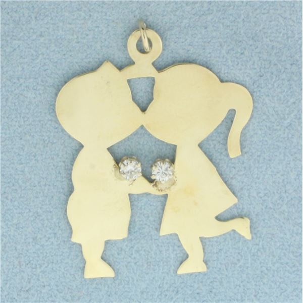 Engravable Boy and Girl Kissing Love Diamond Pendant or Charm in 14k Yellow Gold