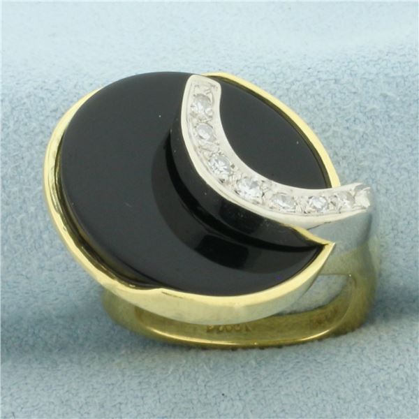 Designer Modern Onyx and Diamond Euro Shank Ring in 18k Yellow and White Gold
