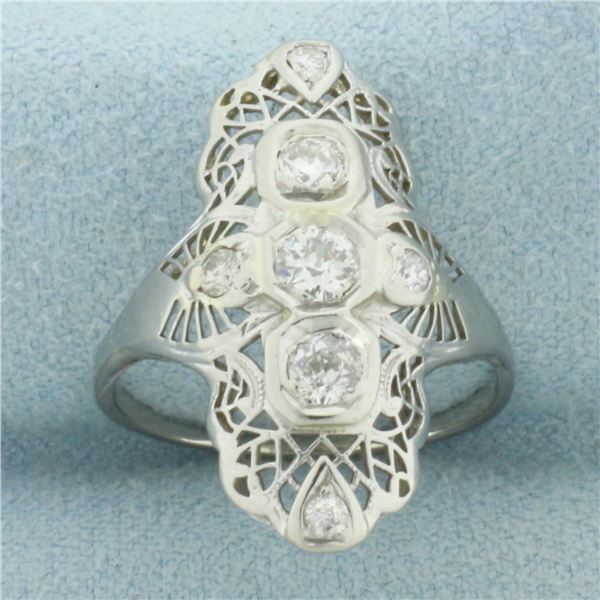 Antique Old European Cut Diamond Art Deco Filigree Ring in 14k White Gold