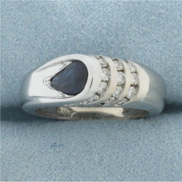 Modern Designer Sapphire and Diamond Ring in 14k White Gold