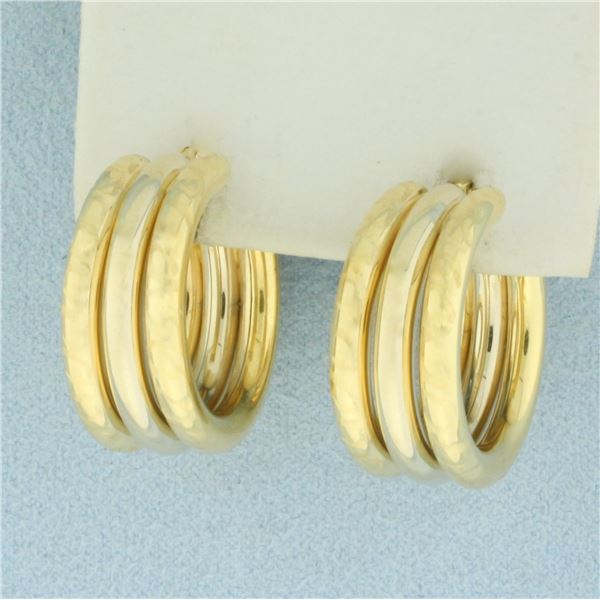 Triple Hoop Etched Design Earrings in 18k Yellow Gold