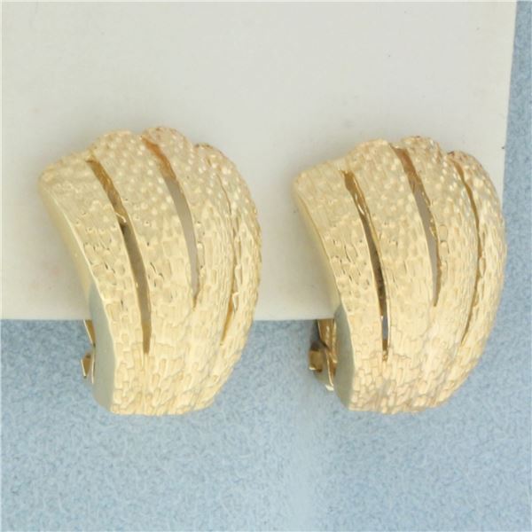 Textured Fan Design J Hoop Earrings in 14k Yellow Gold