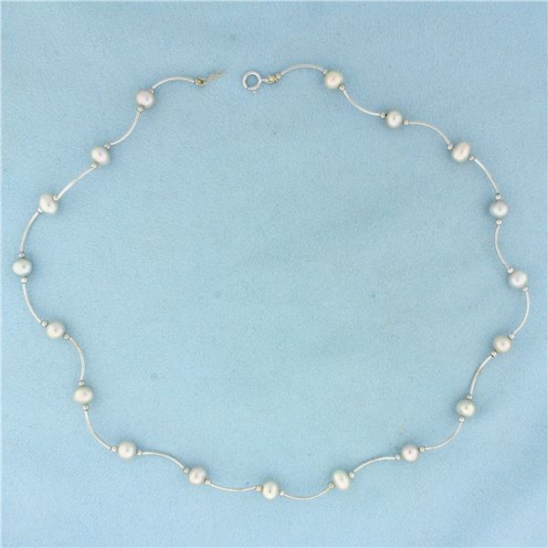 16 Inch Silver Pearl Station Choker Necklace in 14k White Gold