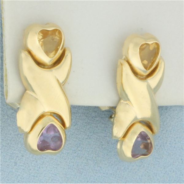 Amethyst and Citrine Heart Drop Earrings in 14k Yellow Gold