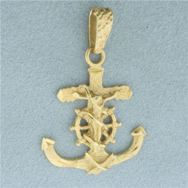 Anchor Ships Wheel Crucifix Pendant in 14k Yellow Gold