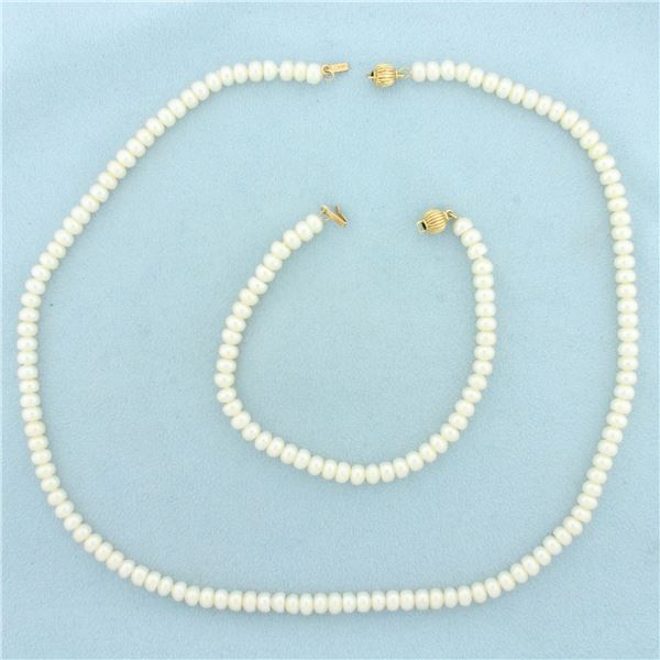 Pearl Necklace Strand and Bracelet Set in 14k Yellow Gold