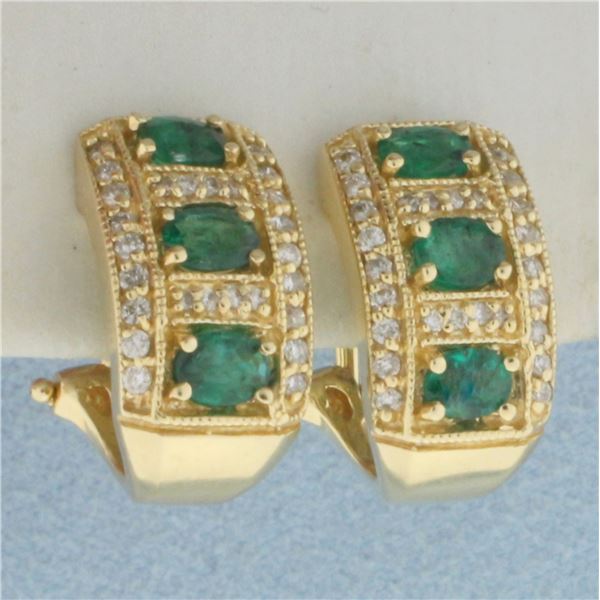 Emerald and Diamond J Hoop Earrings in 14k Yellow Gold