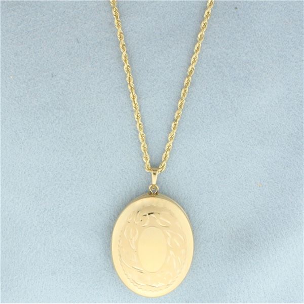 Oval Locket on Rope Chain Necklace in 14k Yellow Gold