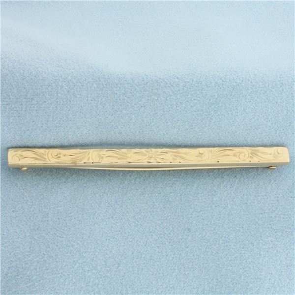 Vintage Floral Design Engraved Bar Pin in 10k Yellow Gold