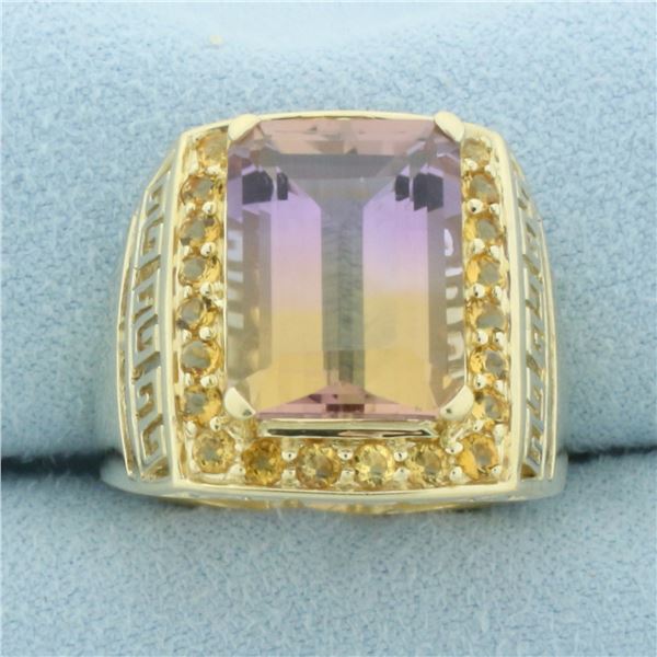 Ametrine and Citrine Greek Key Ring in 10k Yellow Gold