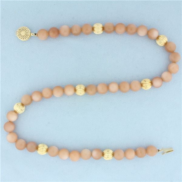Peach Moonstone and Gold Ball Bead Necklace in 14k Yellow Gold
