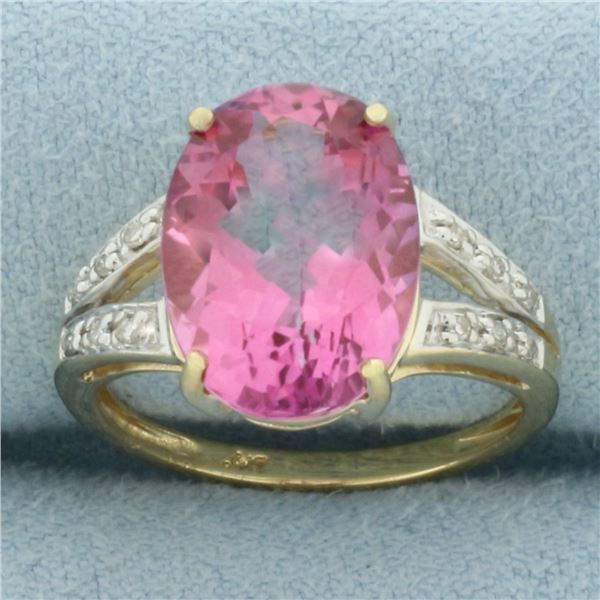 6ct Lab Pink Sapphire and Diamond Ring in 10k Yellow Gold