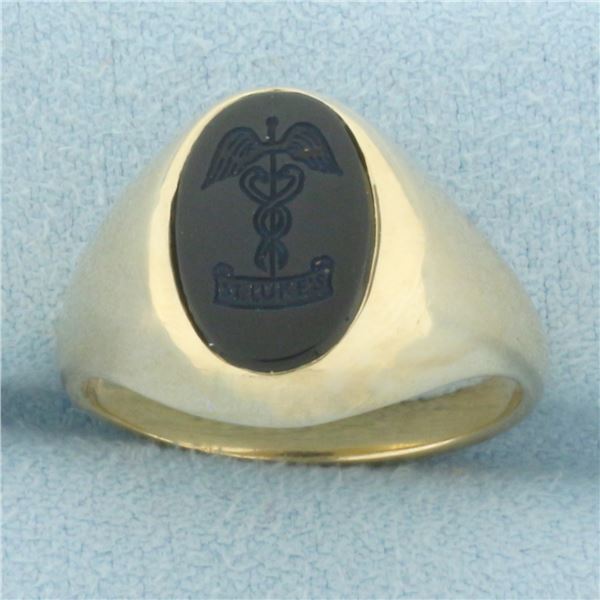 St. Luke's Caduceus Medical Symbol Onyx Signet Ring in 10k Yellow Gold