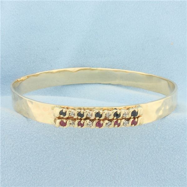 Ruby, Sapphire, and Diamond Bangle Bracelet in 14k Yellow Gold