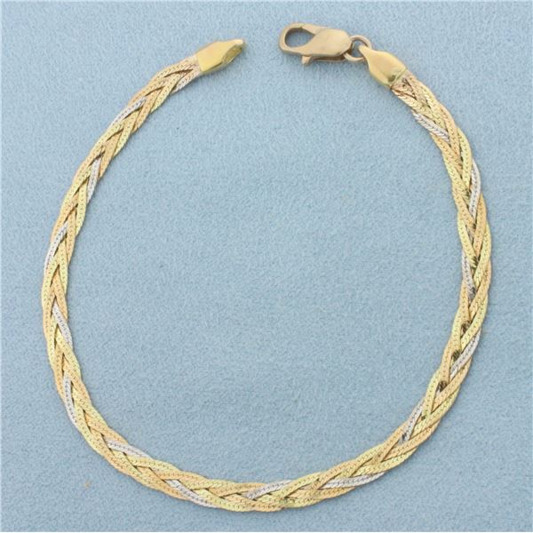 Tri-Color Italian Braided Herringbone Bracelet in 14k Yellow, White, and Rose Gold