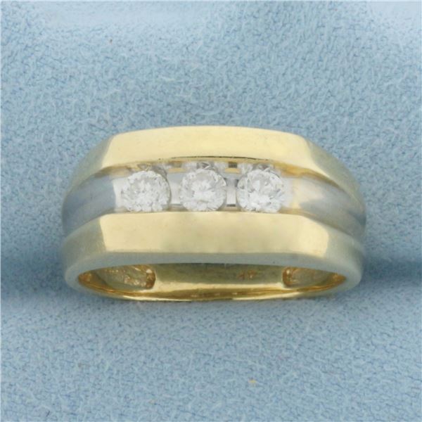 Mens 3-Stone Diamond Ring in 14K Yellow and White Gold