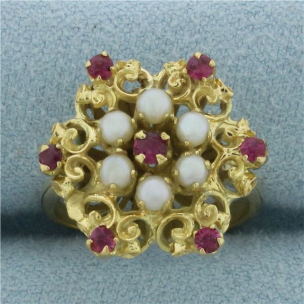Ruby and Cultured Pearl Ring in 18k Yellow Gold