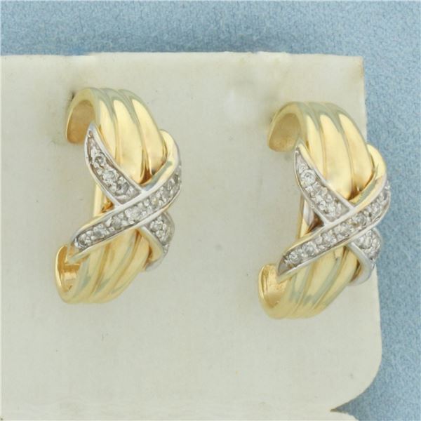 Diamond Half Hoop X Design Earrings in 14k Yellow Gold