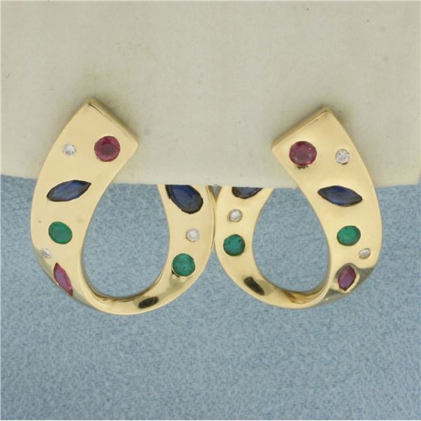 Sapphire, Ruby, Emerald, and Diamond Modern Design Earrings in 14k Yellow Gold