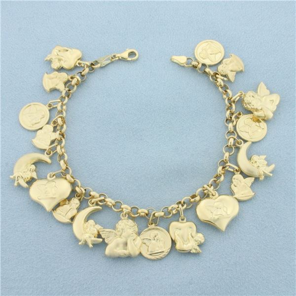 Italian Angel Cherub Charm Heart Moon Bracelet in 14k Yellow Gold
