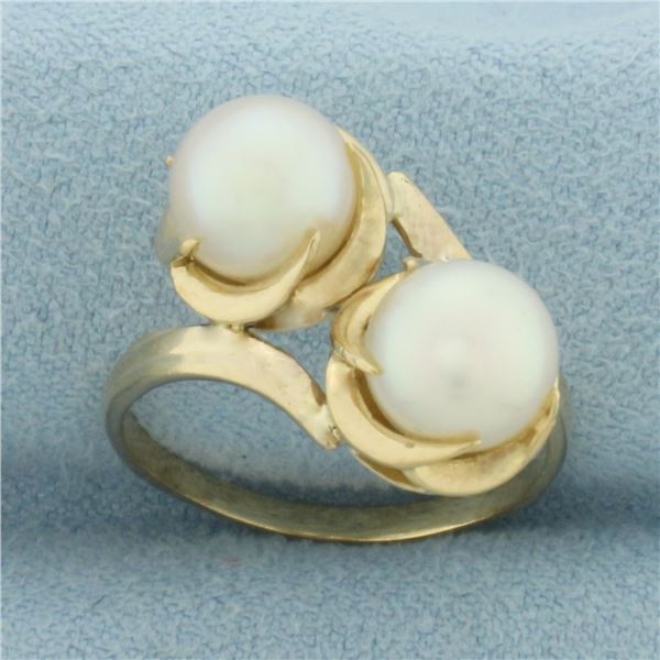 Cultured Akoya Pearl Toi et Moi Ring in 10k Yellow Gold