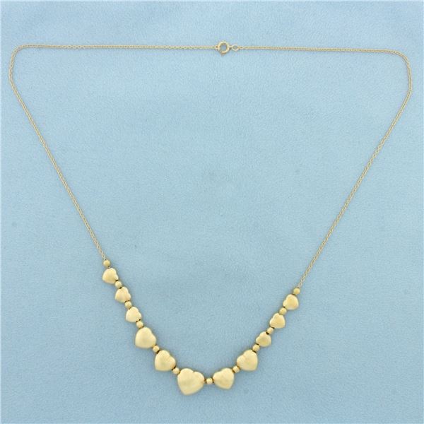 Puffy Heart and Gold Bead Necklace in 14k Yellow Gold