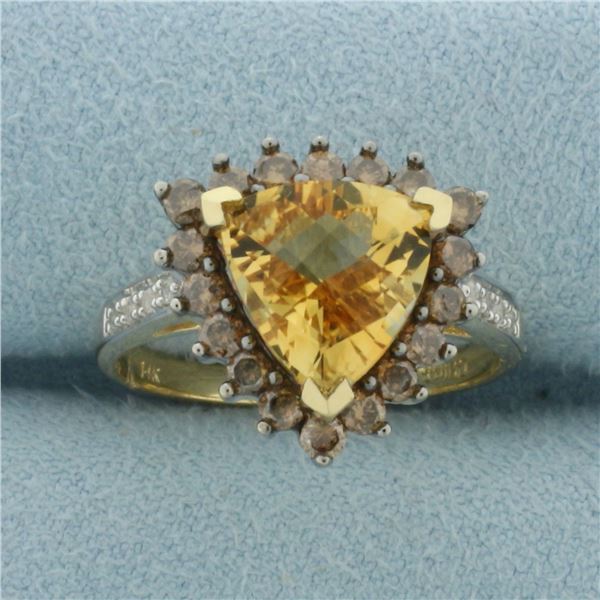 Checkerboard Citrine, Cognac Diamond, and White Diamond Ring in 14k Yellow Gold