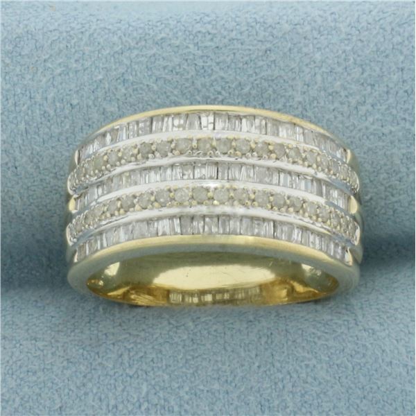 Baguette and Round Diamond Wide Band Ring in 10k Yellow Gold