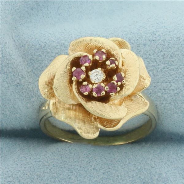 Ruby And Diamonds Rose Flower Ring in 14K Yellow Gold