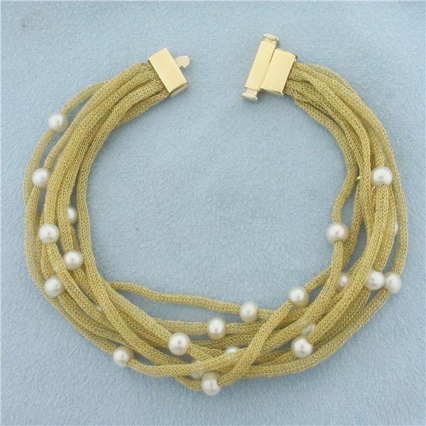 Italian Designer Soft Gold Mesh Cultured Pearl Bracelet in 14k Yellow Gold