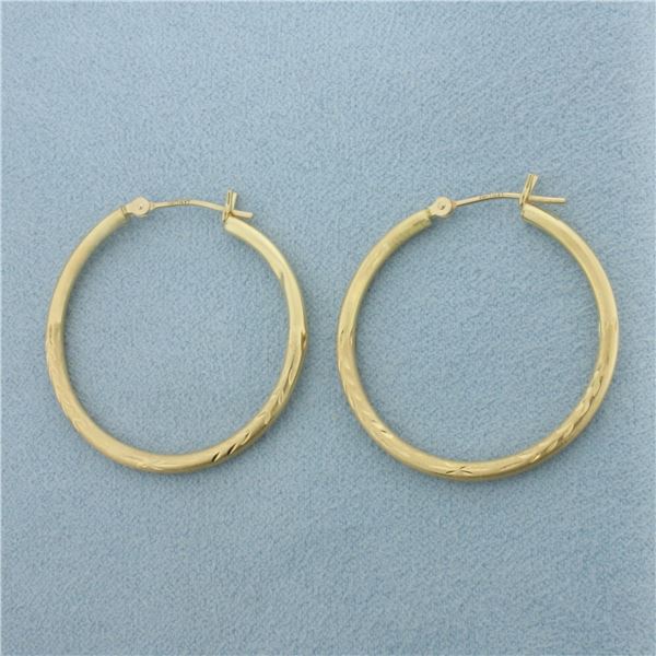 Diamond Cut Leaf Design Hoop Earrings in 14k Yellow Gold