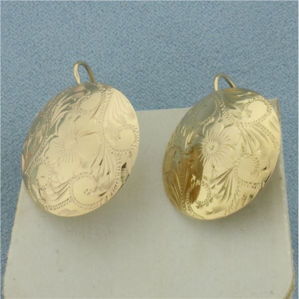 Flower Design Etched Earrings in 14k Yellow Gold