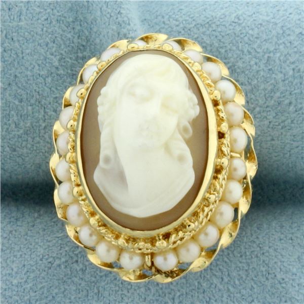 Vintage Cameo and Seed Pearl Ring in 14K Yellow Gold