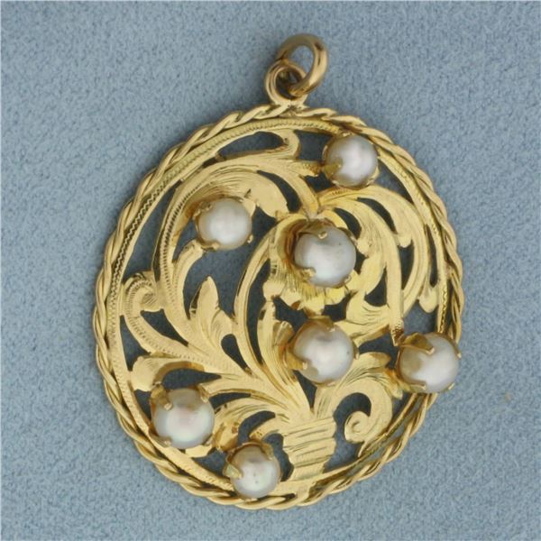 Vintage Pearl Scroll Design Pendant in 18K Yellow Gold
