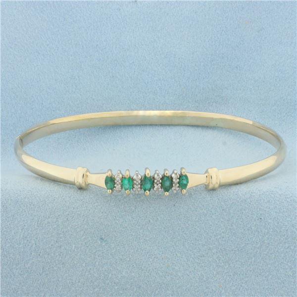 Hinged Emerald and Diamond Bangle Bracelet in 14K Yellow Gold