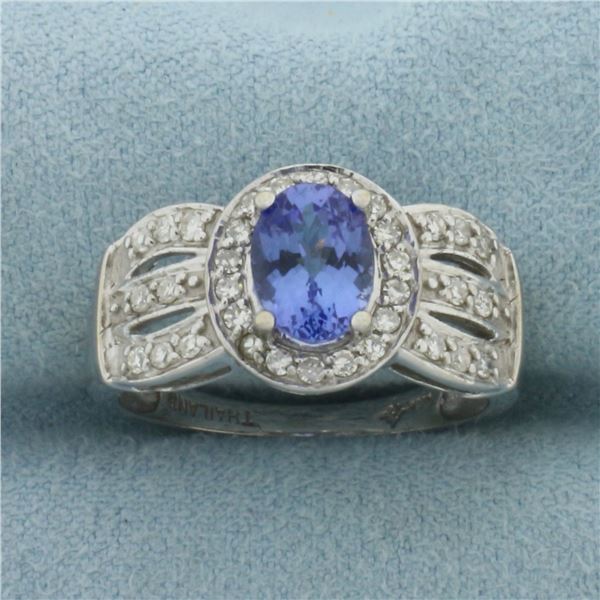 Tanzanite and Diamond Halo Ring in 14K White Gold