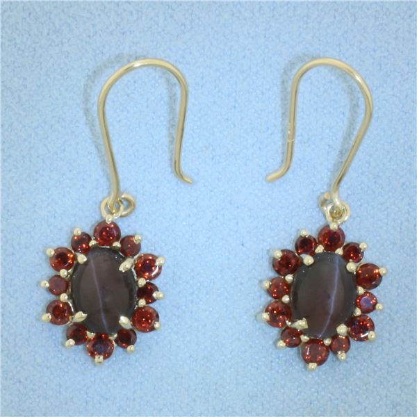 Cats Eye Garnet Dangle Halo Earrings in 10K Yellow Gold