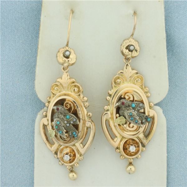 Antique Victorian Georgian Old Mine Diamond Turquoise Ruby Bird Earrings in 14k Yellow Gold