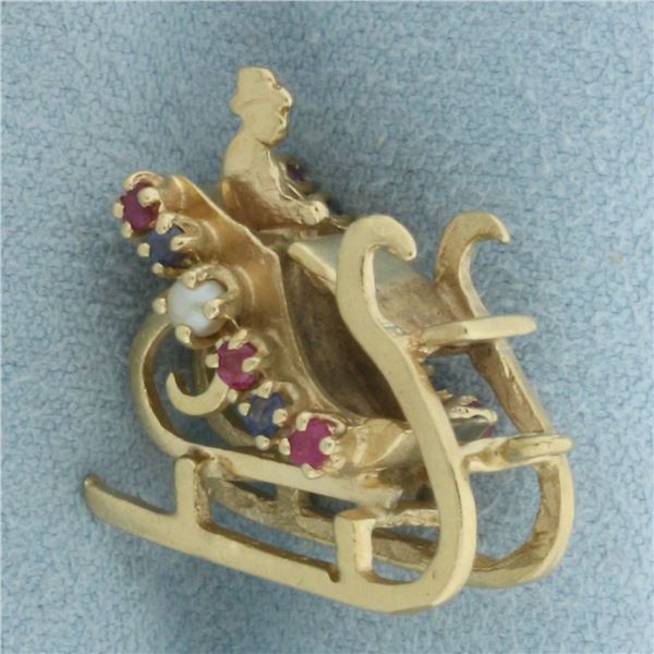 Vintage Man on Sleigh 3D Gemstone Charm in 14k Yellow Gold